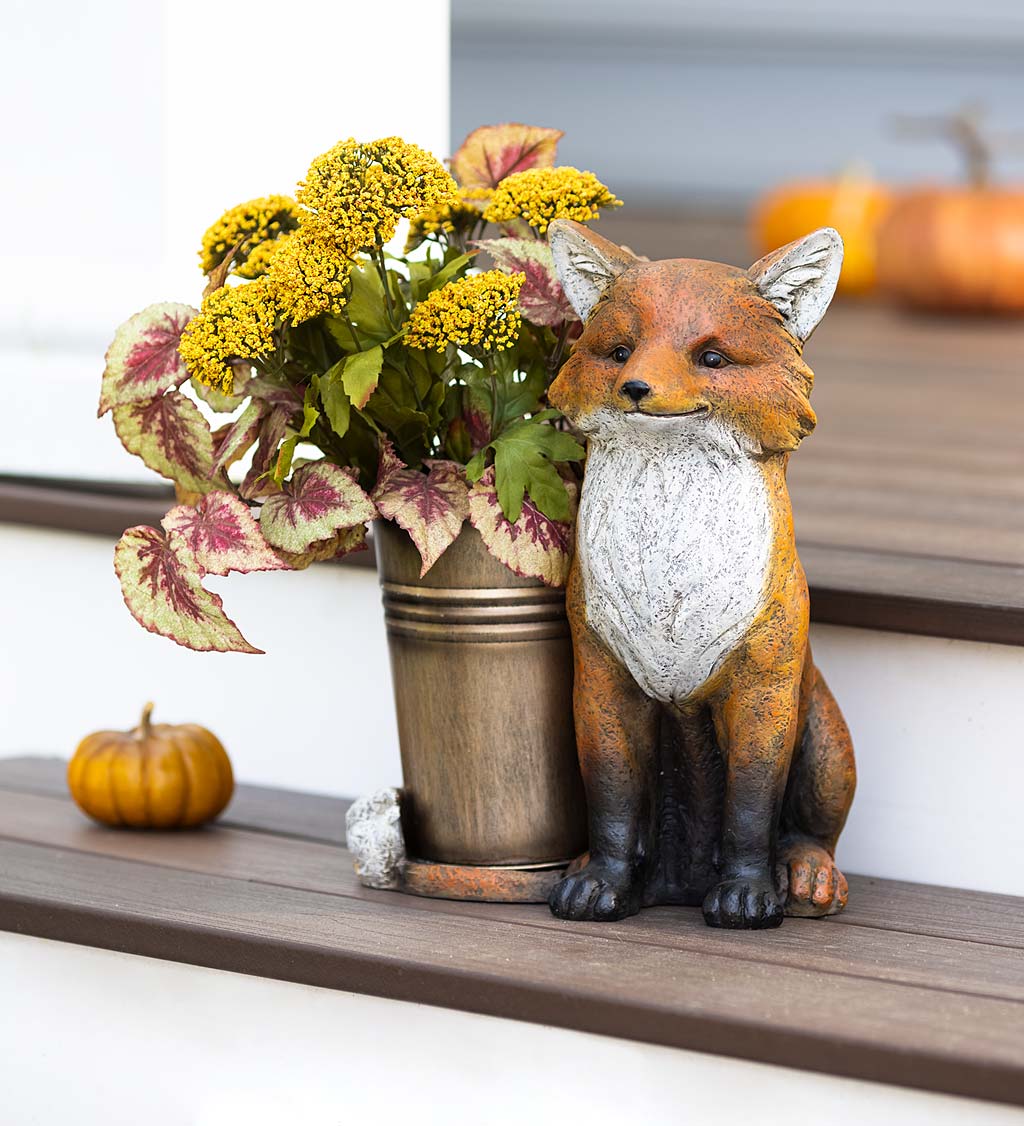 Indoor/Outdoor Faux Stone Fox Planter With Metal Container