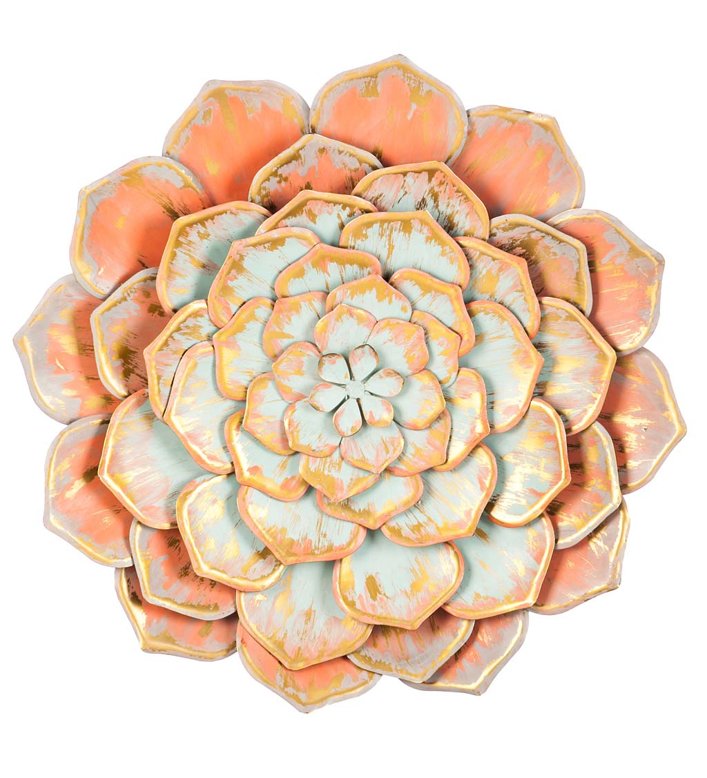 Large Peach and Blue Metal Succulent Wall Flower
