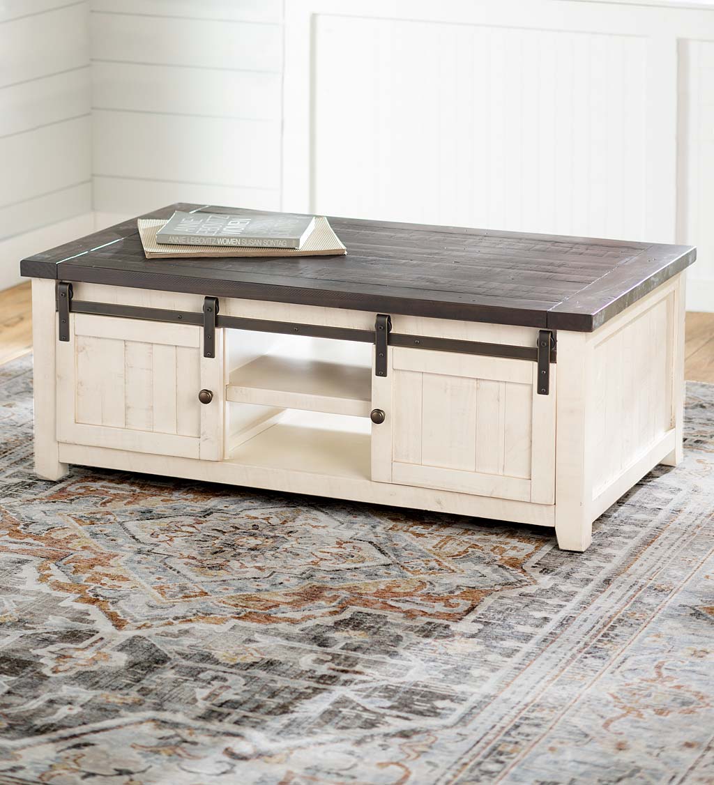 Cape Charles Reclaimed Wood Coffee/Cocktail Table with Sliding Barn Doors - White