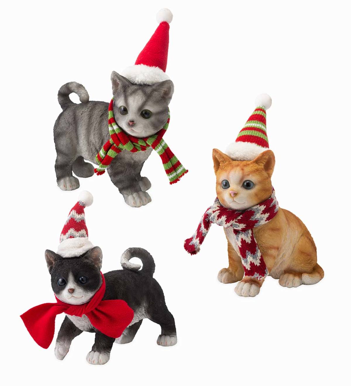 Holiday Kitten Statues with Hats and Scarves, Set of 3