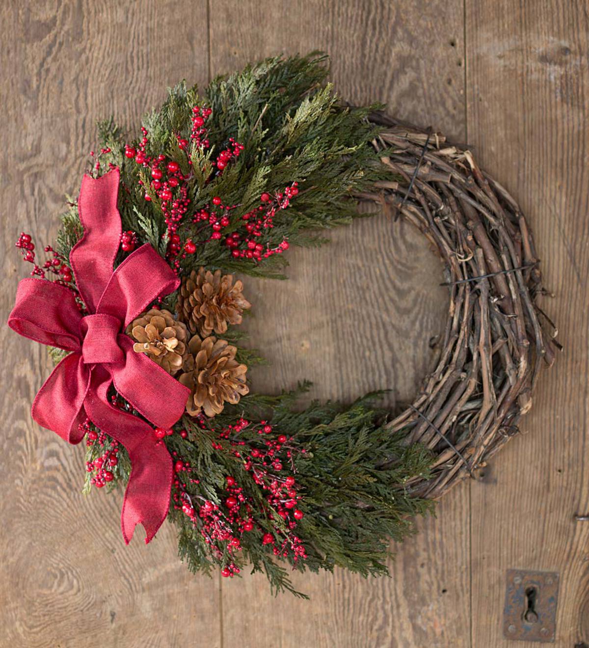 Rectangular Vine Christmas Wreath with Pine Branches and Pine Cones; Red Green Gold Winter Holiday Wreath; Christmas Grapevine Door Decor