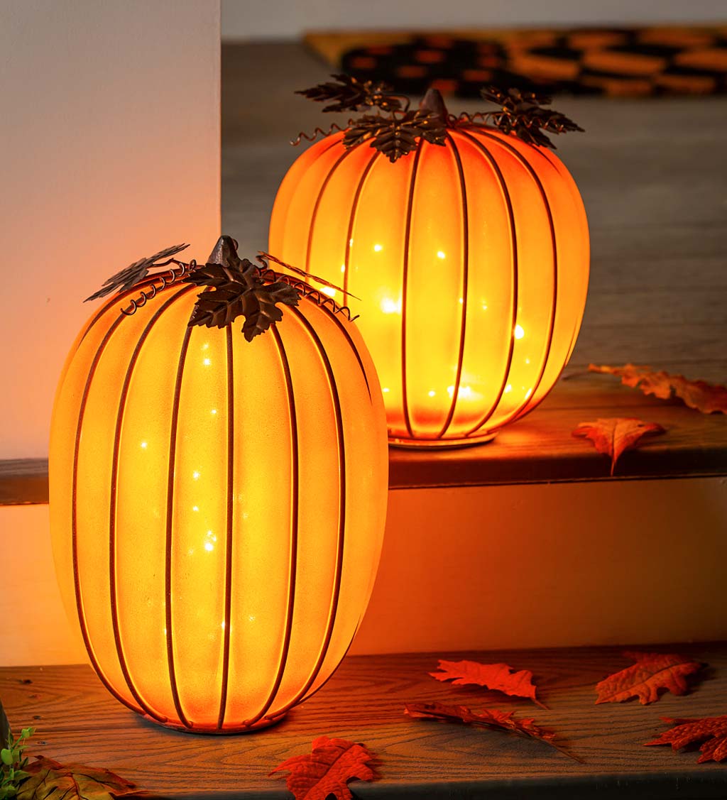 Lighted Glass Pumpkins, Set of 2