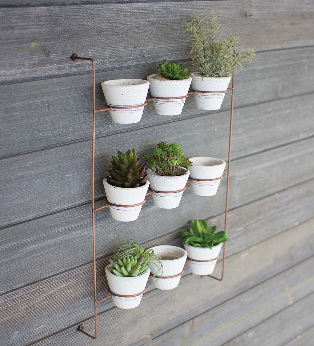 Wall-Mount Copper-Finish Wall Rack with 9 Whitewash Clay Pots