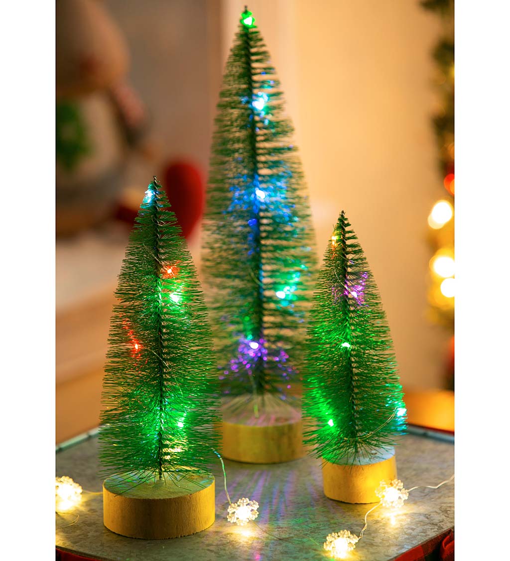 Bottle Brush Trees with LED String Lights, Set of 3