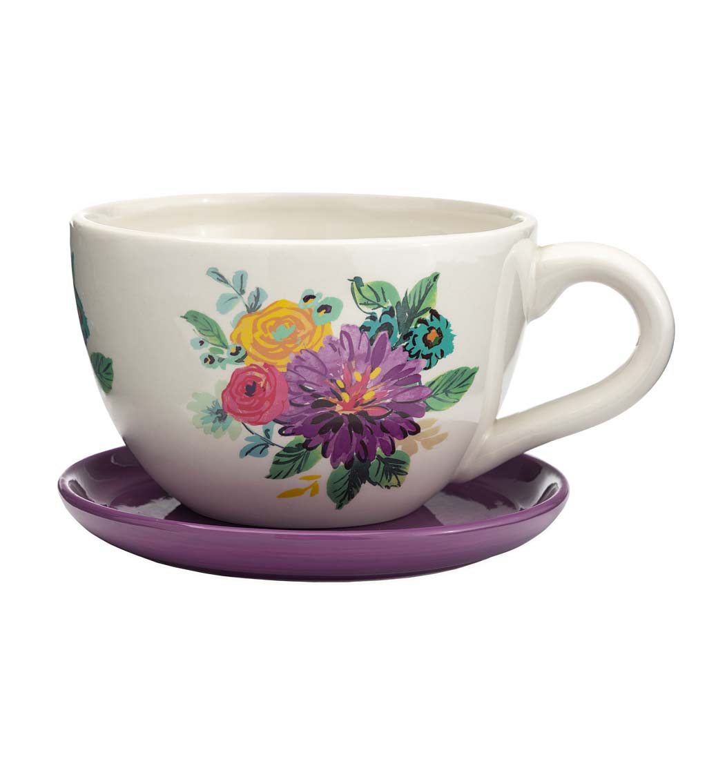Ceramic Floral Tea Cup Indoor/Outdoor Planter with Saucer swatch image