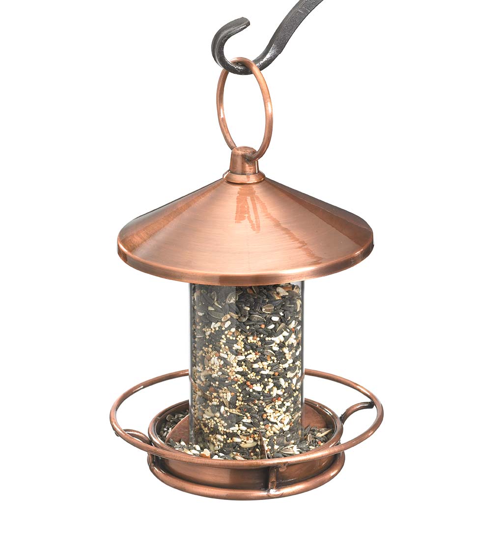 Classic Cylinder Perch Bird Feeder in Antiqued Copper and Plexiglass