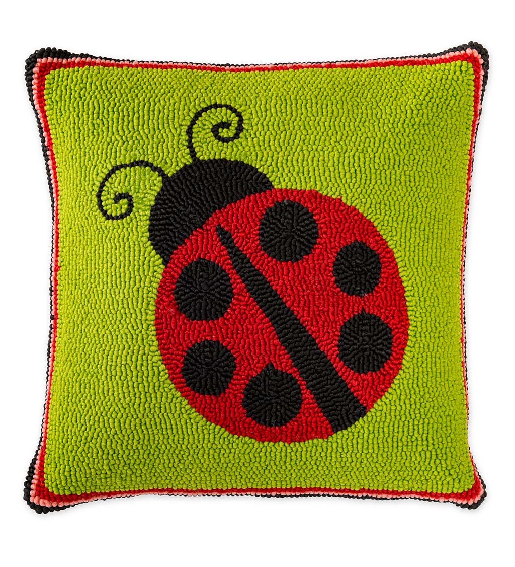 Indoor/Outdoor Hooked Polypropylene Ladybug Throw Pillow