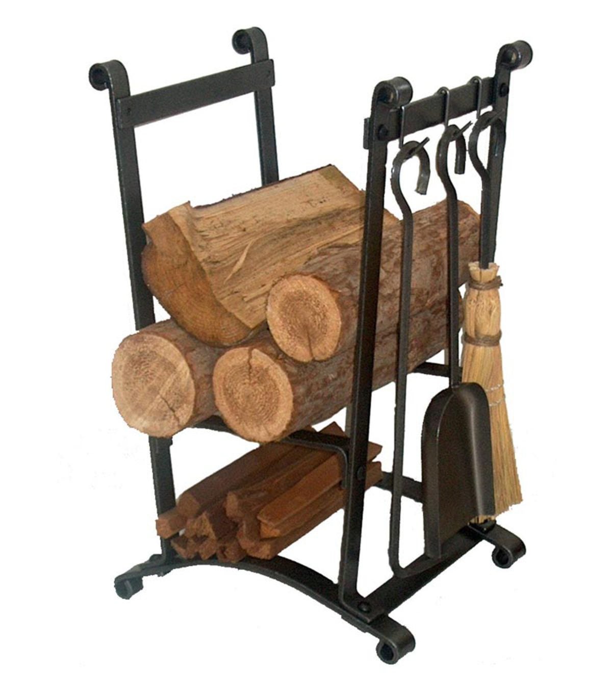 American-Made Hammered Steel Compact Curved Log Rack With Tool Set
