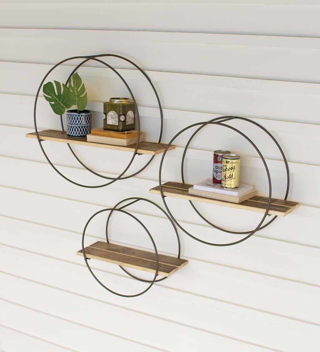 Recycled Wooden Shelves with Round Metal Frames, Set of 3