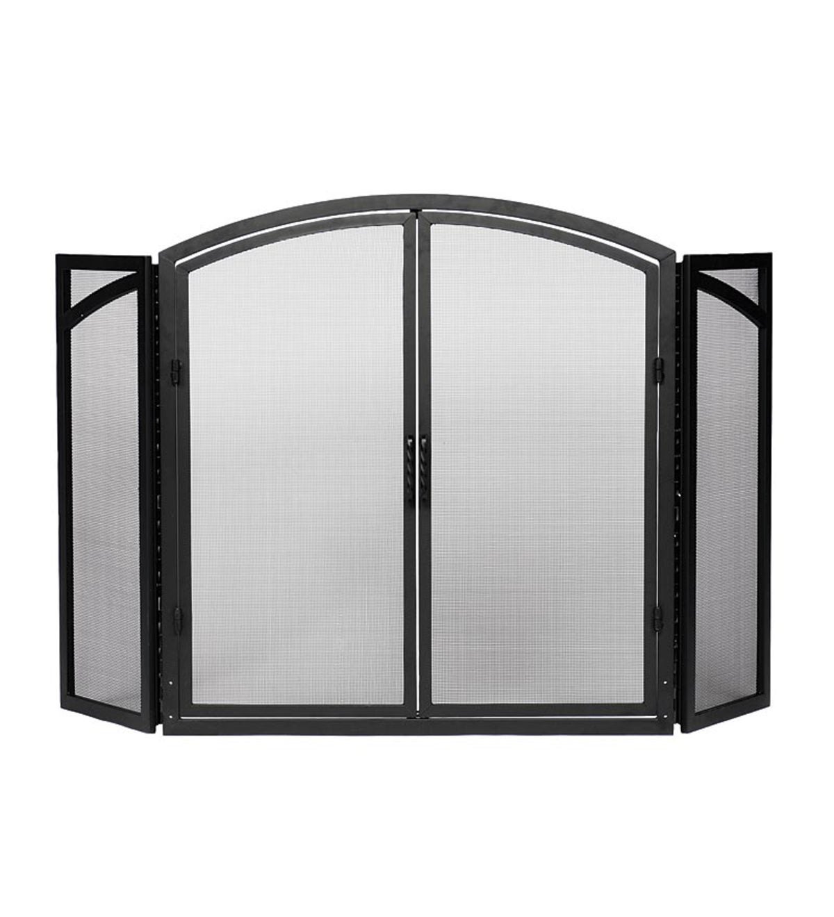 Arched Black Wrought Iron Tri Folding, Tri Fold Fireplace Screen With Doors