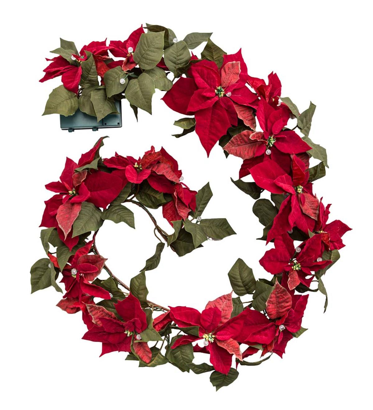 Warm White TURNMEON 6FT Christmas Poinsettia Garland with 20 Lights 10 Poinsettia 110 Glitter Golden Berry 5 Pinecones 60 Leaves Battery Operated Christmas Decor Indoor Outdoor Mantle Holiday Decor 