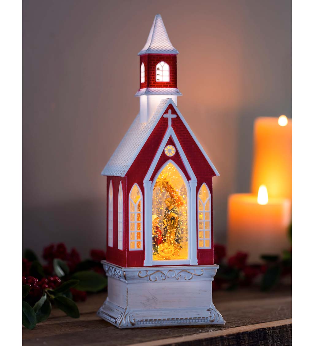 LED Musical Church Lantern with Snow Globe Manger Scene