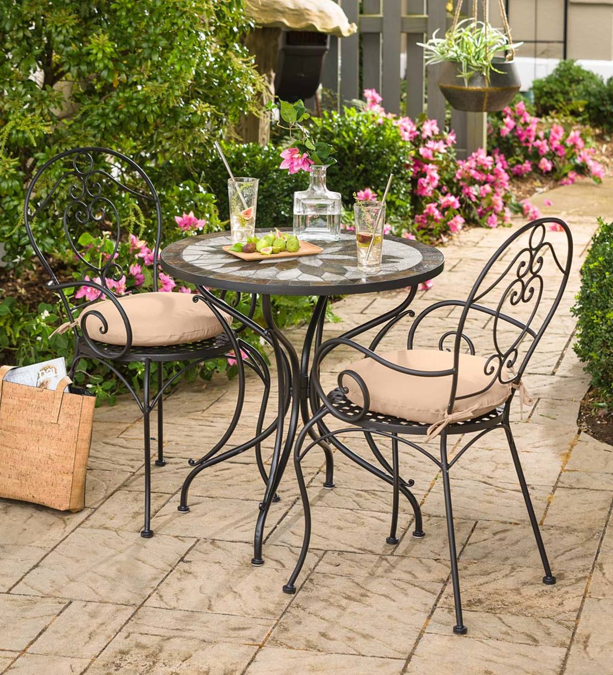 Metal And Slate Mosaic 3 Piece Bistro Set With Cushions Plowhearth - Stone Garden Patio Mosaic Slate Table 78 Maple