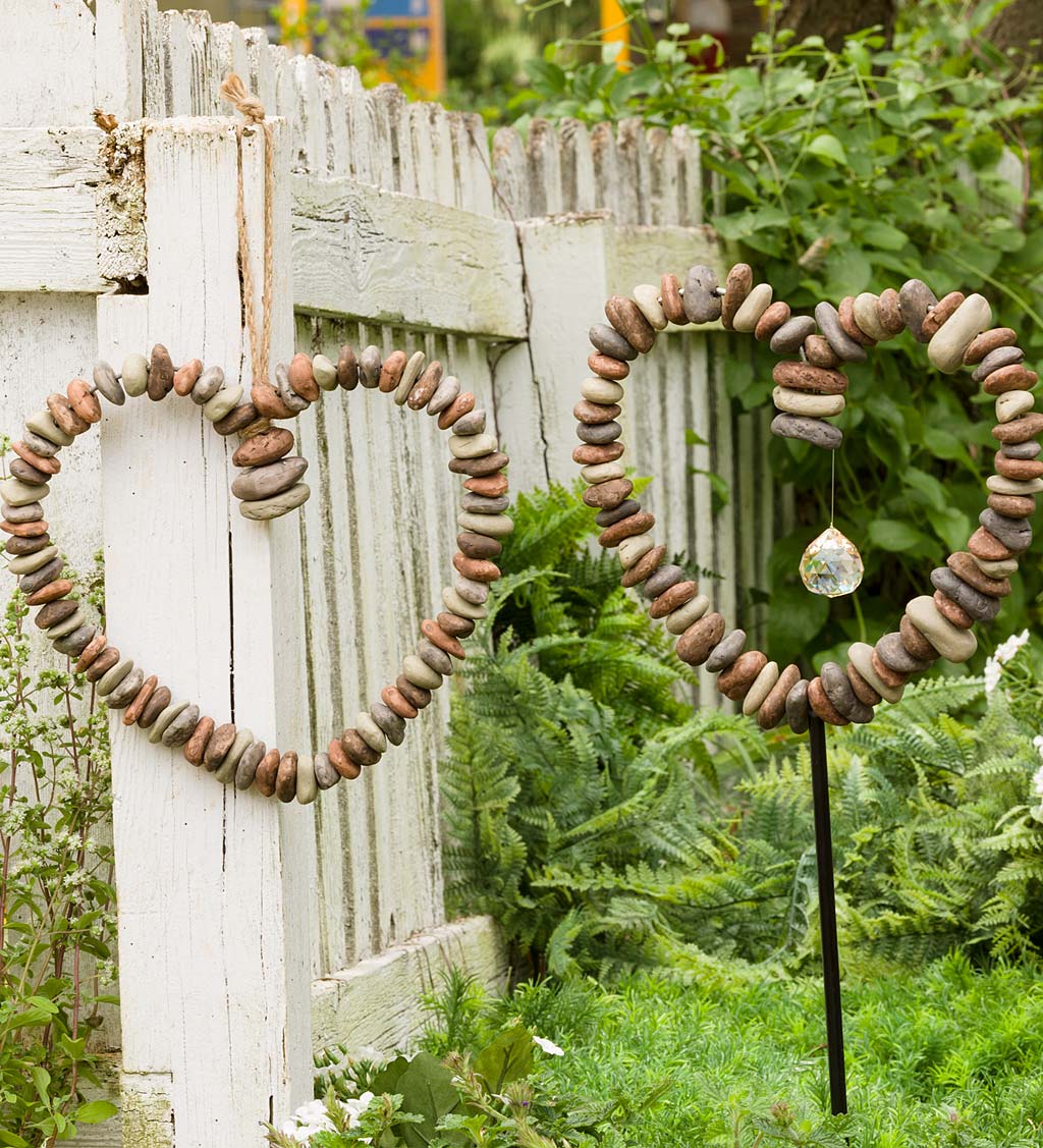 Decorative Indoor/Outdoor Heart-Shaped Wreath of Faux River Rocks