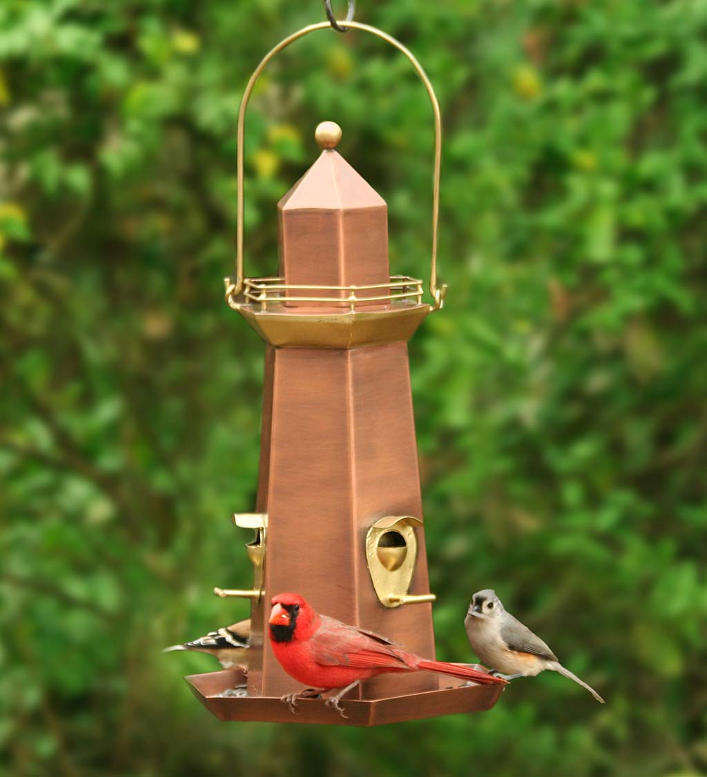Metal Lighthouse Bird Feeder with Copper and Brass Finish