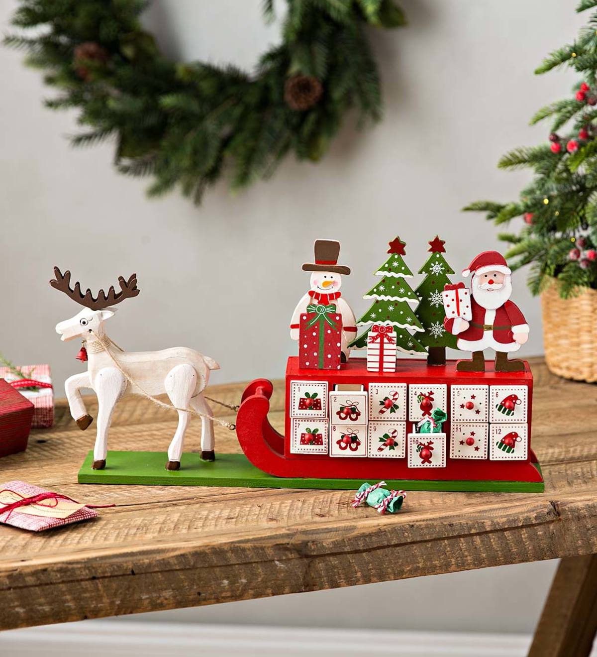 Wooden Santa and Sleigh Advent Calendar PlowHearth