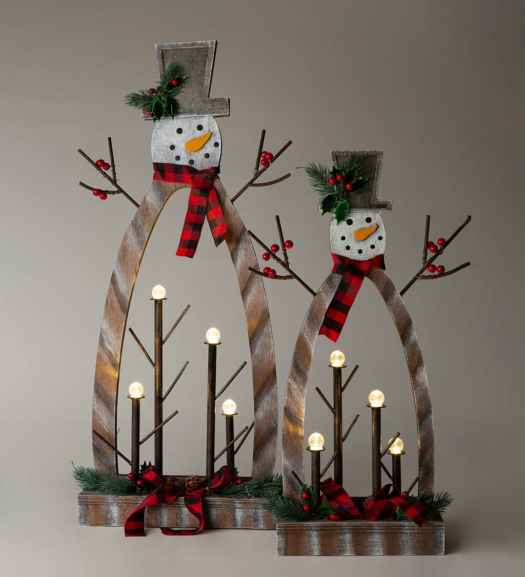 Tabletop Lighted Wooden Snowmen, Set of 2