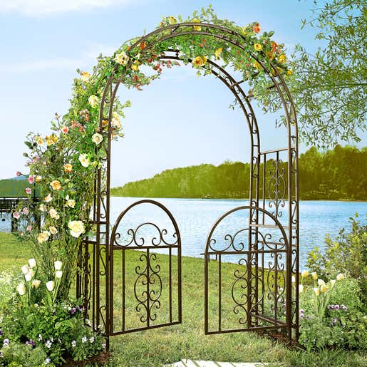 A Montebello Garden Trellis and Gate with flowering vines 