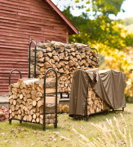 Heavy-Duty Steel Log Racks in three sizes sit full of firewood beside a house