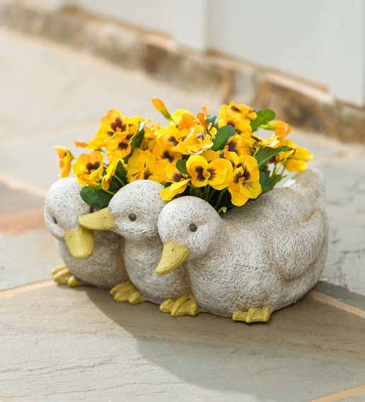 Image of a resin trio of ducks planter with flowers. Shop Decorative Planters