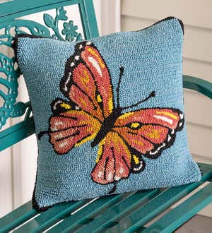 image of Indoor/Outdoor Blue Butterfly Hooked Polypropylene Throw Pillow