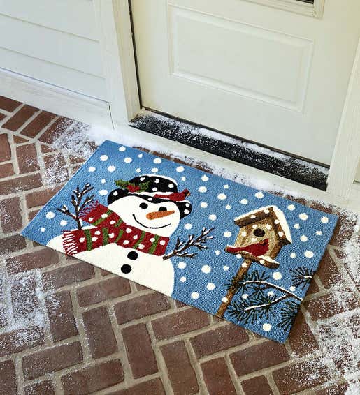 Image of a Snowman and Birdhouse Hooked Rug. Shop Christmas Pillows and Rugs