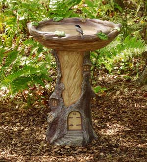 Image of a Fairy Garden birdbath that looks like a tree stump fairy house. Shop Birds & Nature