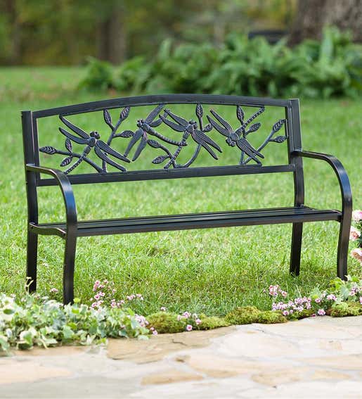 Image of a metal garden bench with a decorative dragonflies pattern on the back. Shop All Garden Benches