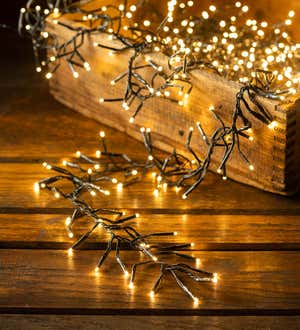 A lit string of warm white LED cluster lights on a wood table