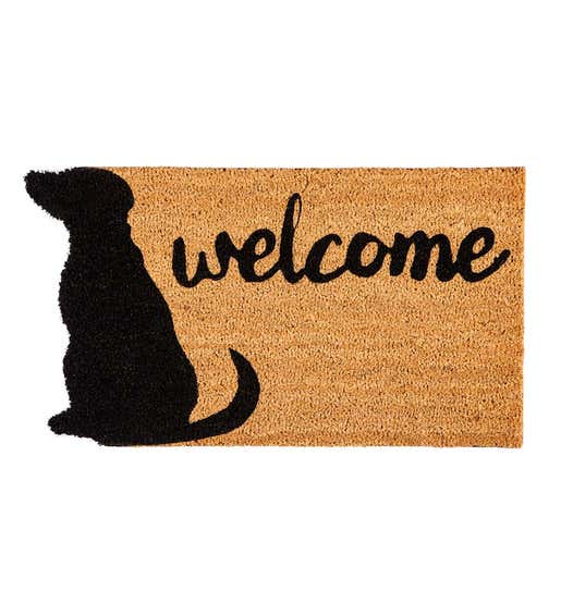 Image of a coir doormat imprinted with a dog wagging its tail. Shop For Pets & Pet Lovers