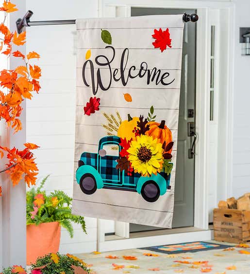 Image of Fall Plaid Truck Linen House Flag
